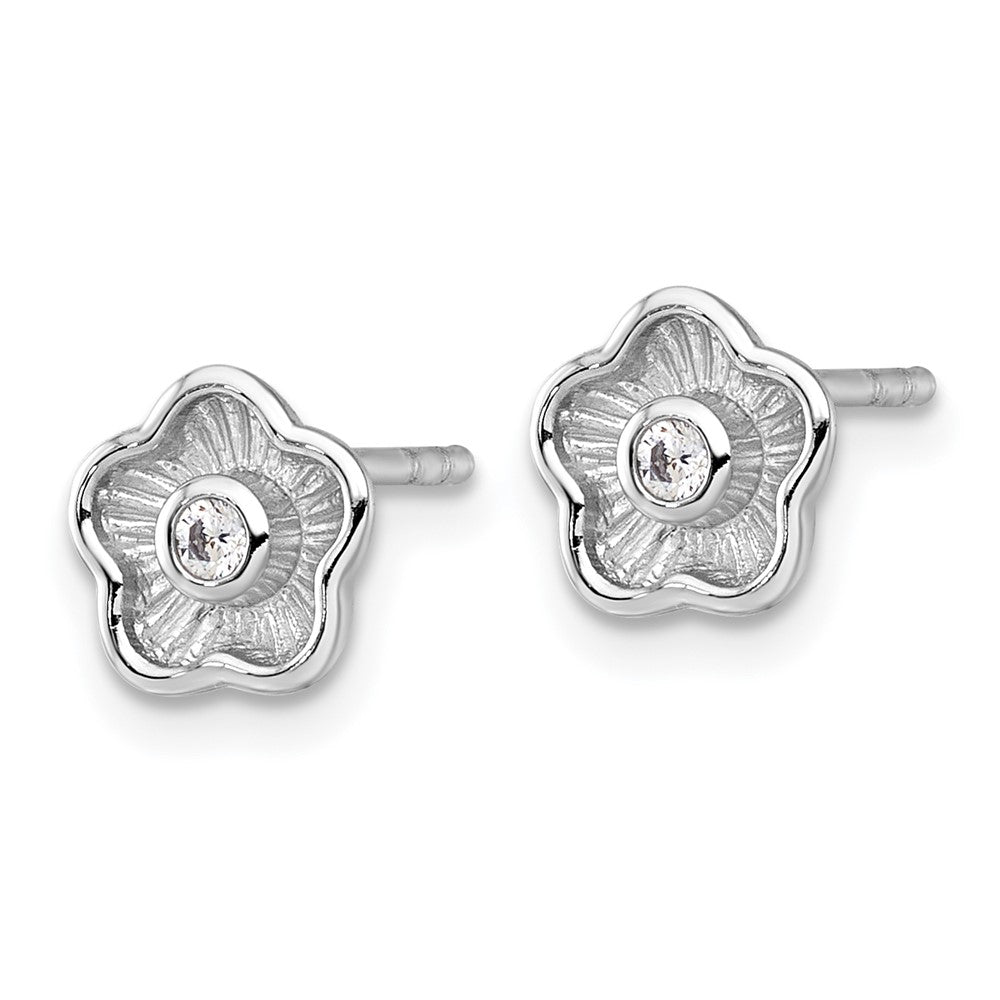 Sterling Silver Rhodium Plated Polished Textured CZ Flower Post Earrings