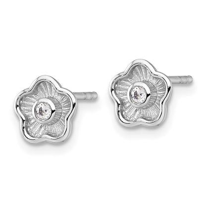 Sterling Silver Rhodium Plated Polished Textured CZ Flower Post Earrings