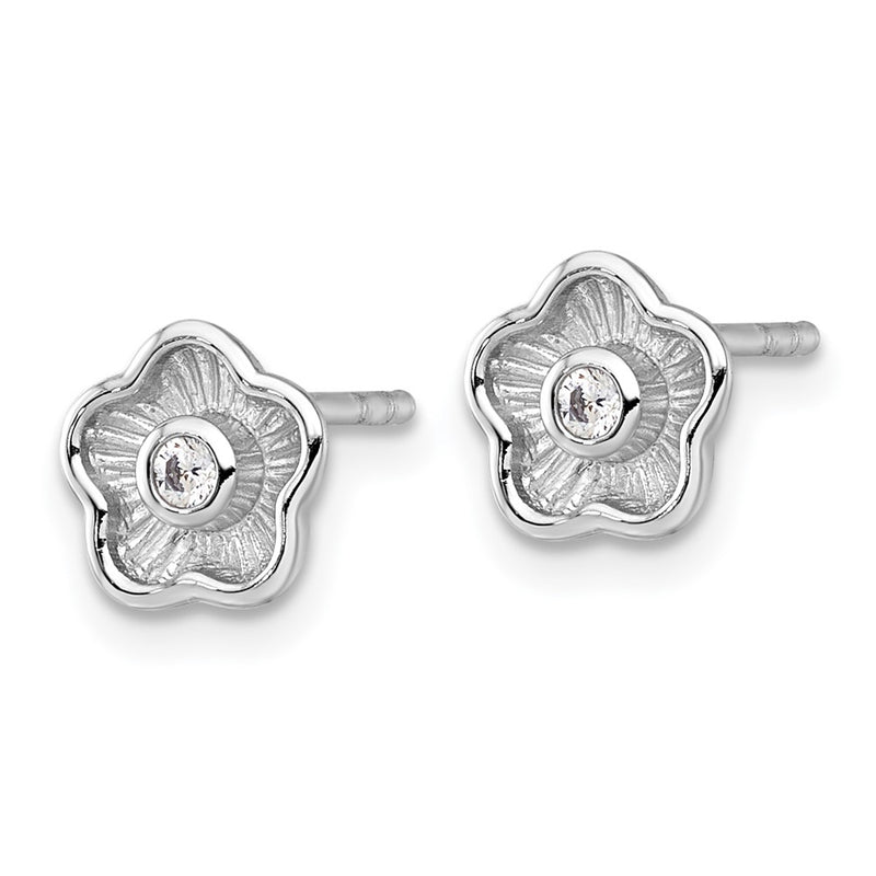 Sterling Silver Rhodium Plated Polished Textured CZ Flower Post Earrings