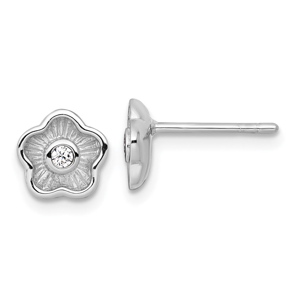 Sterling Silver Rhodium Plated Polished Textured CZ Flower Post Earrings