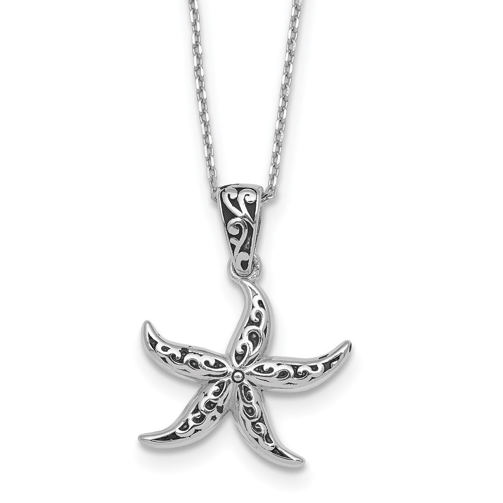 Sterling Silver Rhodium Plated Polished/oxidized Filigree Starfish 18in Necklace