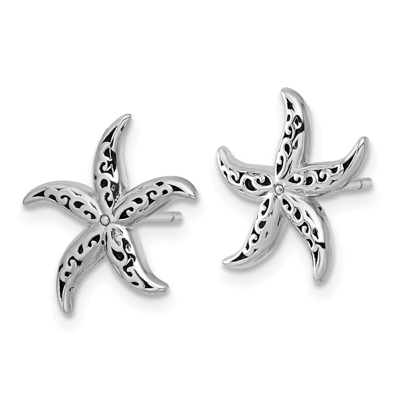 Sterling Silver Rhodium Plated Polished/oxidized Filigree Starfish Post Earrings