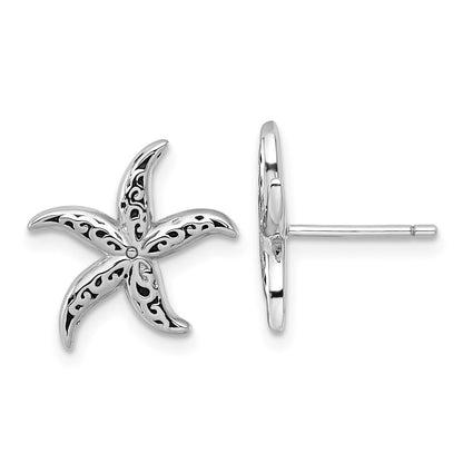 Sterling Silver Rhodium Plated Polished/oxidized Filigree Starfish Post Earrings