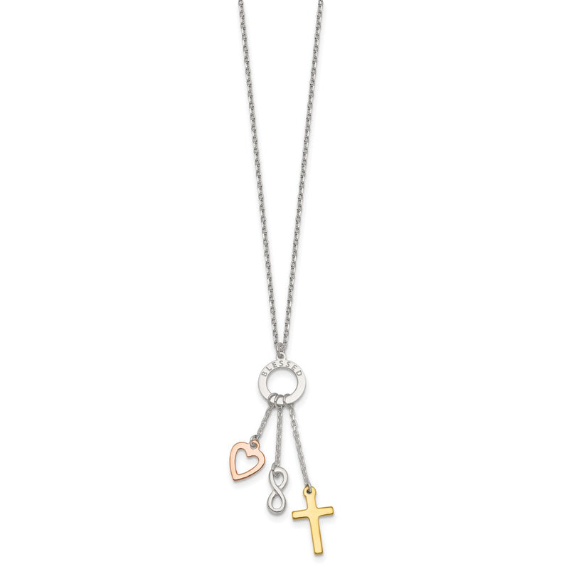 Sterling Silver Gold and Rose-Tone Heart Infinity and Cross Blessed Necklace