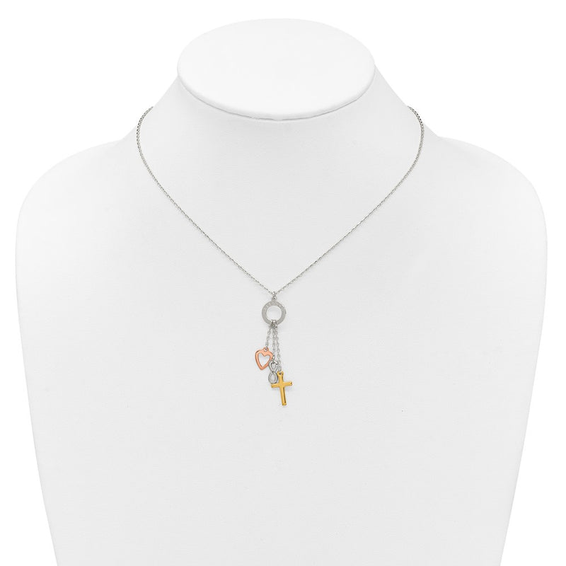 Sterling Silver Gold and Rose-Tone Heart Infinity and Cross Blessed Necklace