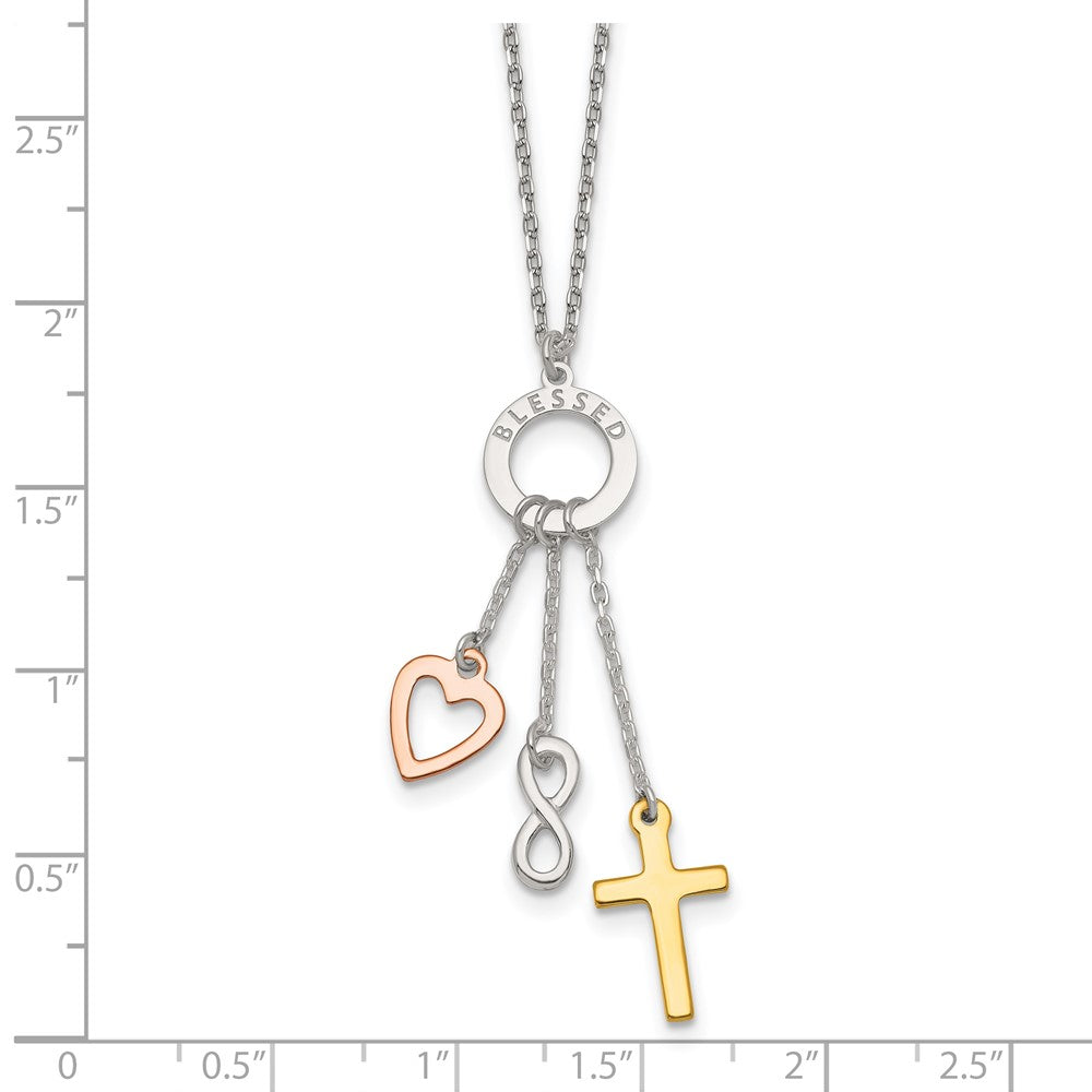 Sterling Silver Gold and Rose-Tone Heart Infinity and Cross Blessed Necklace