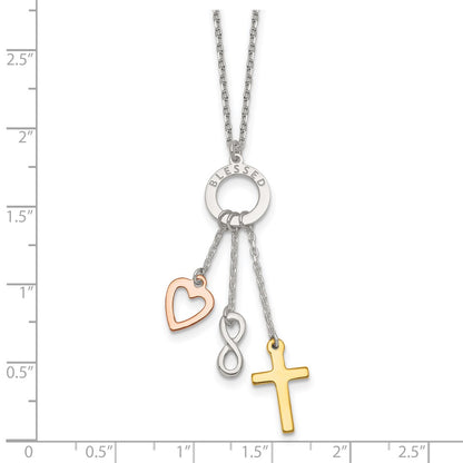 Sterling Silver Gold and Rose-Tone Heart Infinity and Cross Blessed Necklace