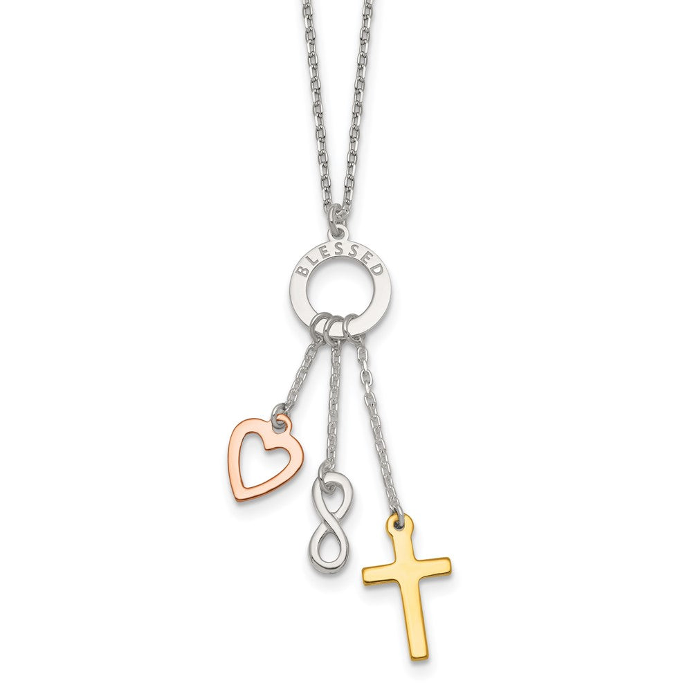 Sterling Silver Gold and Rose-Tone Heart Infinity and Cross Blessed Necklace