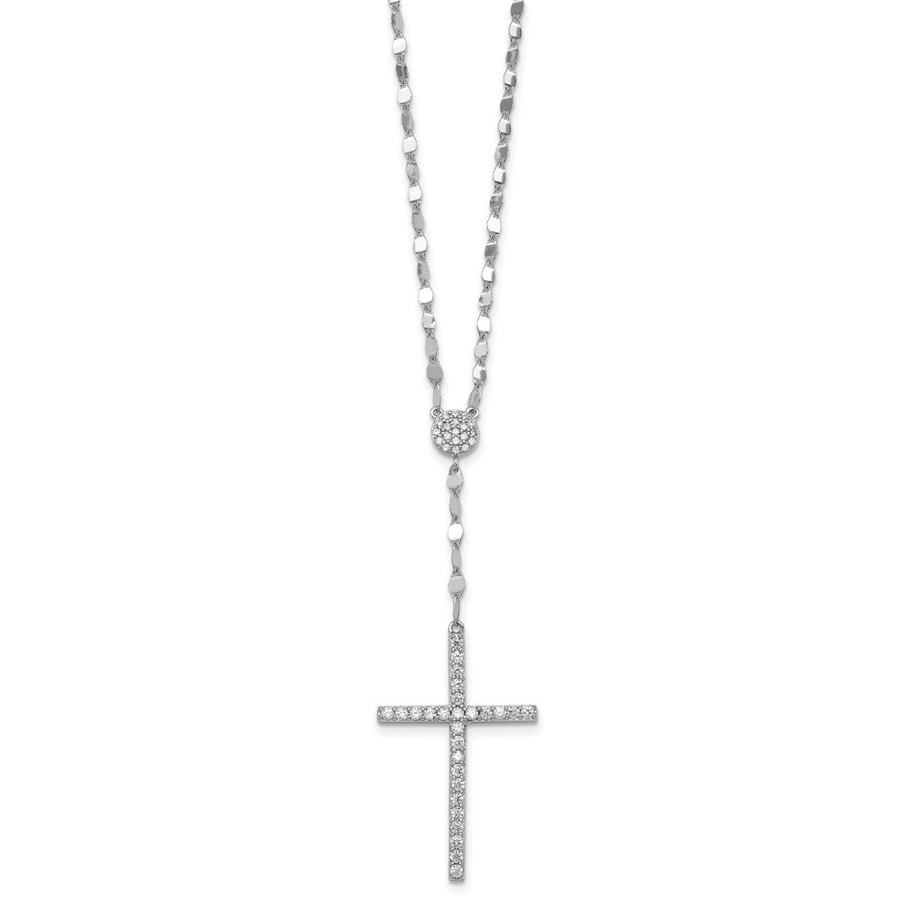 Sterling Silver Rhodium Plated Polished CZ Cross 16in w/2in Ext Necklace