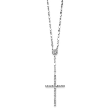 Sterling Silver Rhodium Plated Polished CZ Cross 16in w/2in Ext Necklace