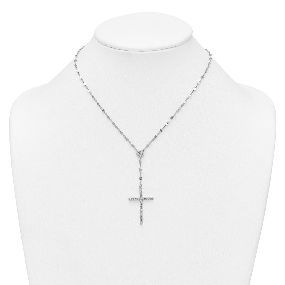 Sterling Silver Rhodium Plated Polished CZ Cross 16in w/2in Ext Necklace