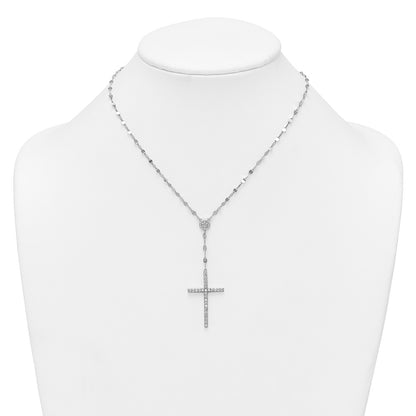 Sterling Silver Rhodium Plated Polished CZ Cross 16in w/2in Ext Necklace