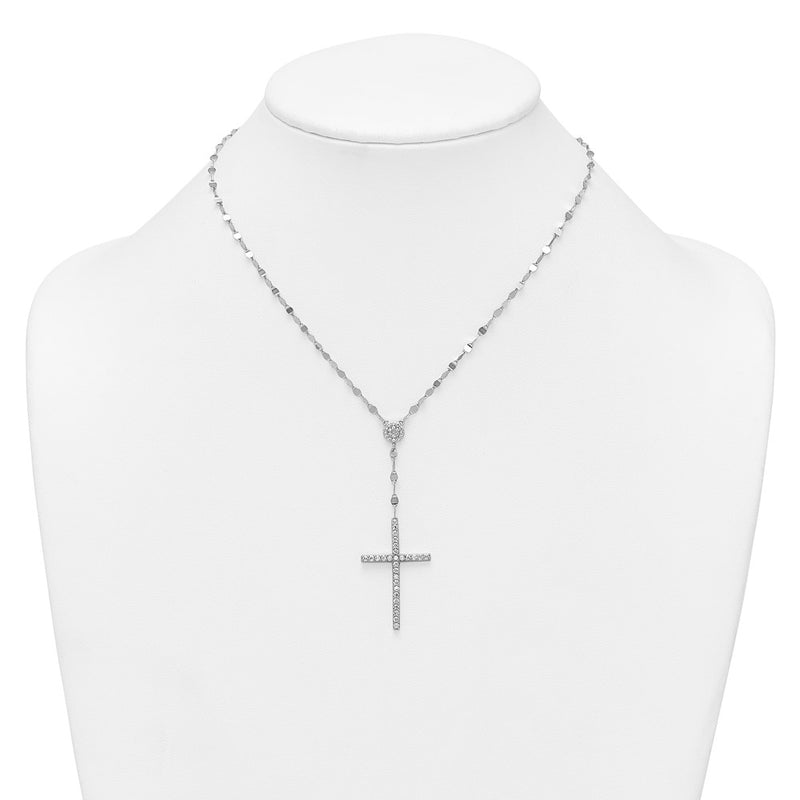 Sterling Silver Rhodium Plated Polished CZ Cross 16in w/2in Ext Necklace