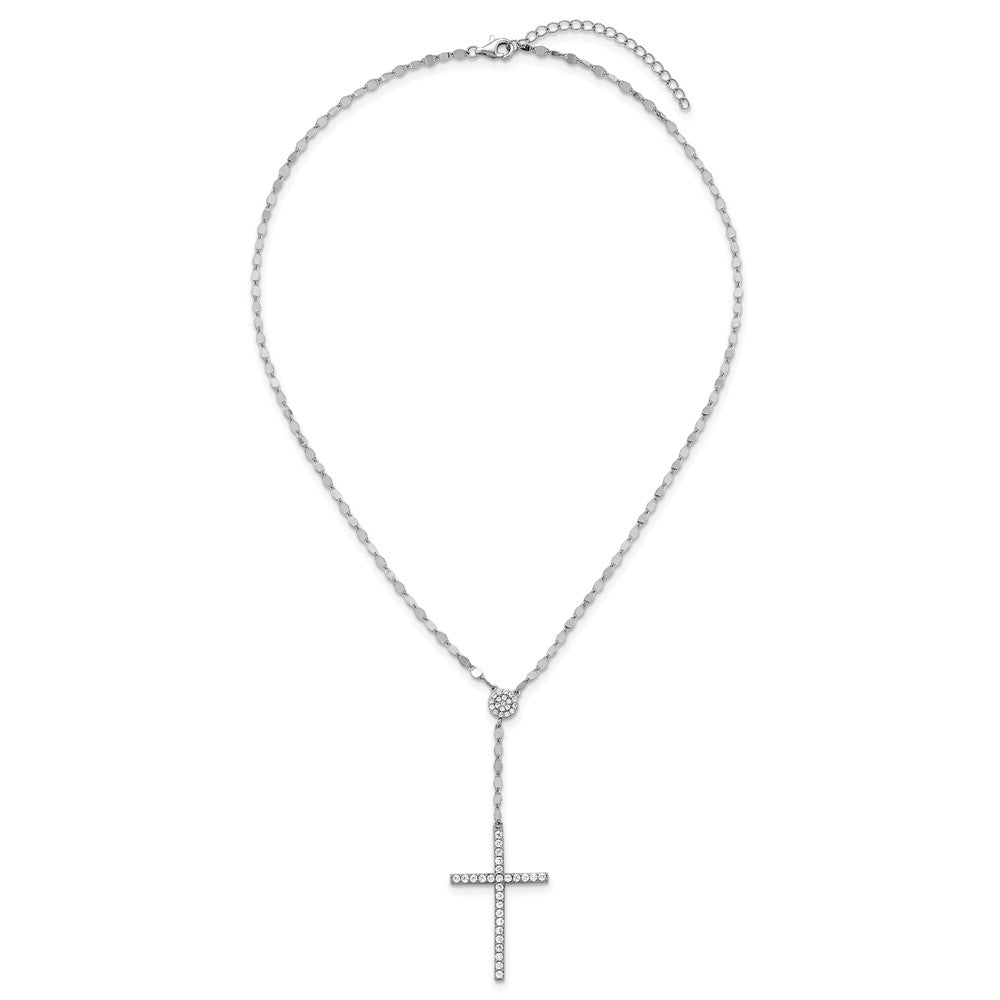Sterling Silver Rhodium Plated Polished CZ Cross 16in w/2in Ext Necklace