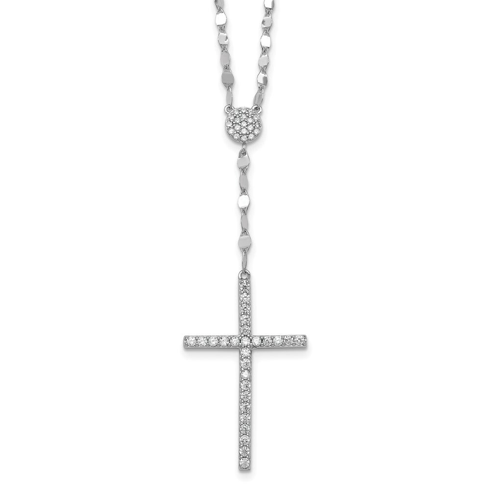 Sterling Silver Rhodium Plated Polished CZ Cross 16in w/2in Ext Necklace