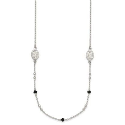Sterling Silver Textured Black Glass Beads Miraculous Medal Necklace
