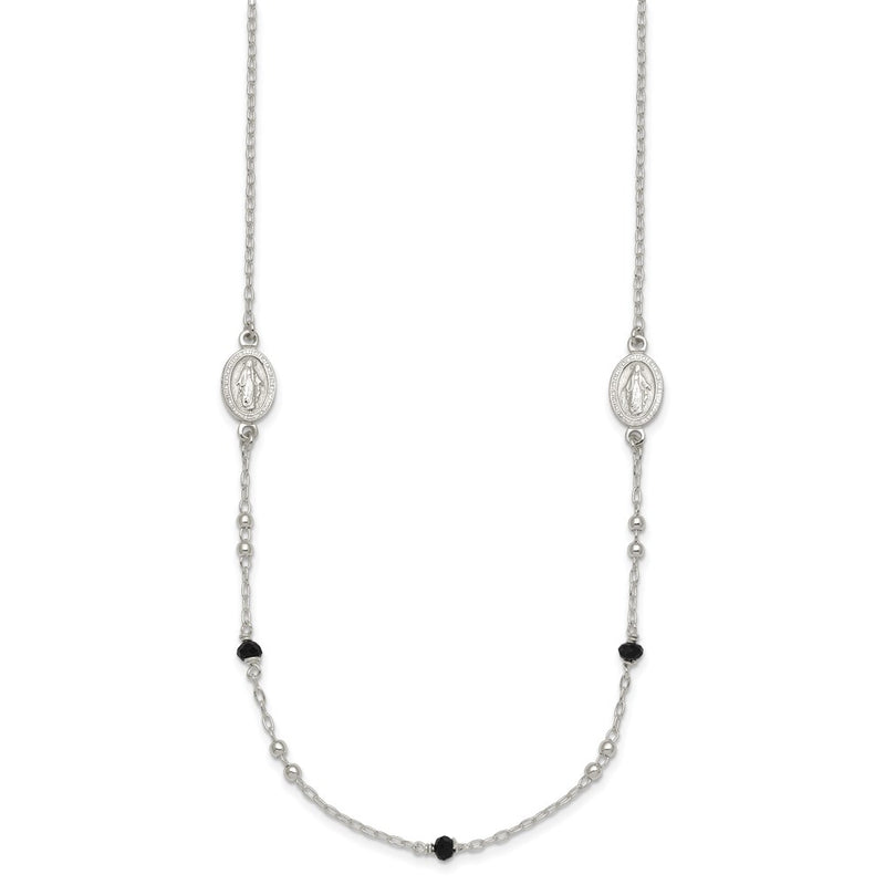 Sterling Silver Textured Black Glass Beads Miraculous Medal Necklace