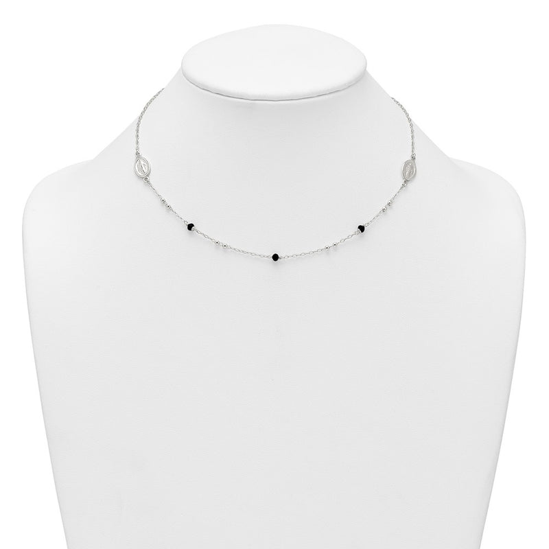 Sterling Silver Textured Black Glass Beads Miraculous Medal Necklace
