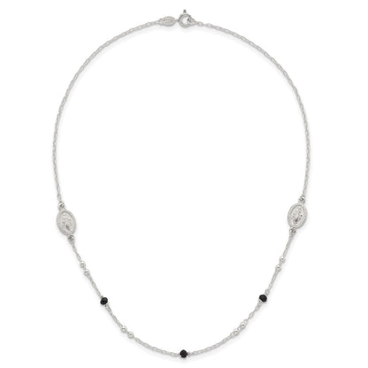 Sterling Silver Textured Black Glass Beads Miraculous Medal Necklace