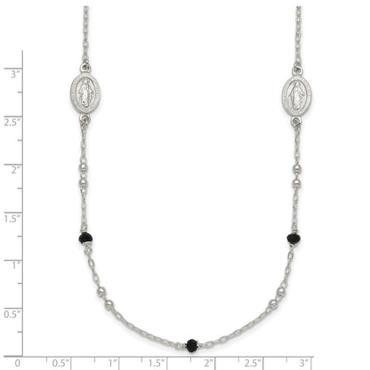 Sterling Silver Textured Black Glass Beads Miraculous Medal Necklace