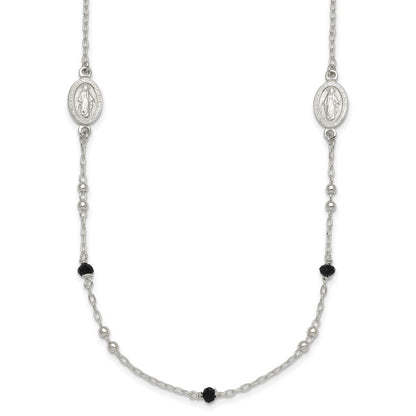 Sterling Silver Textured Black Glass Beads Miraculous Medal Necklace