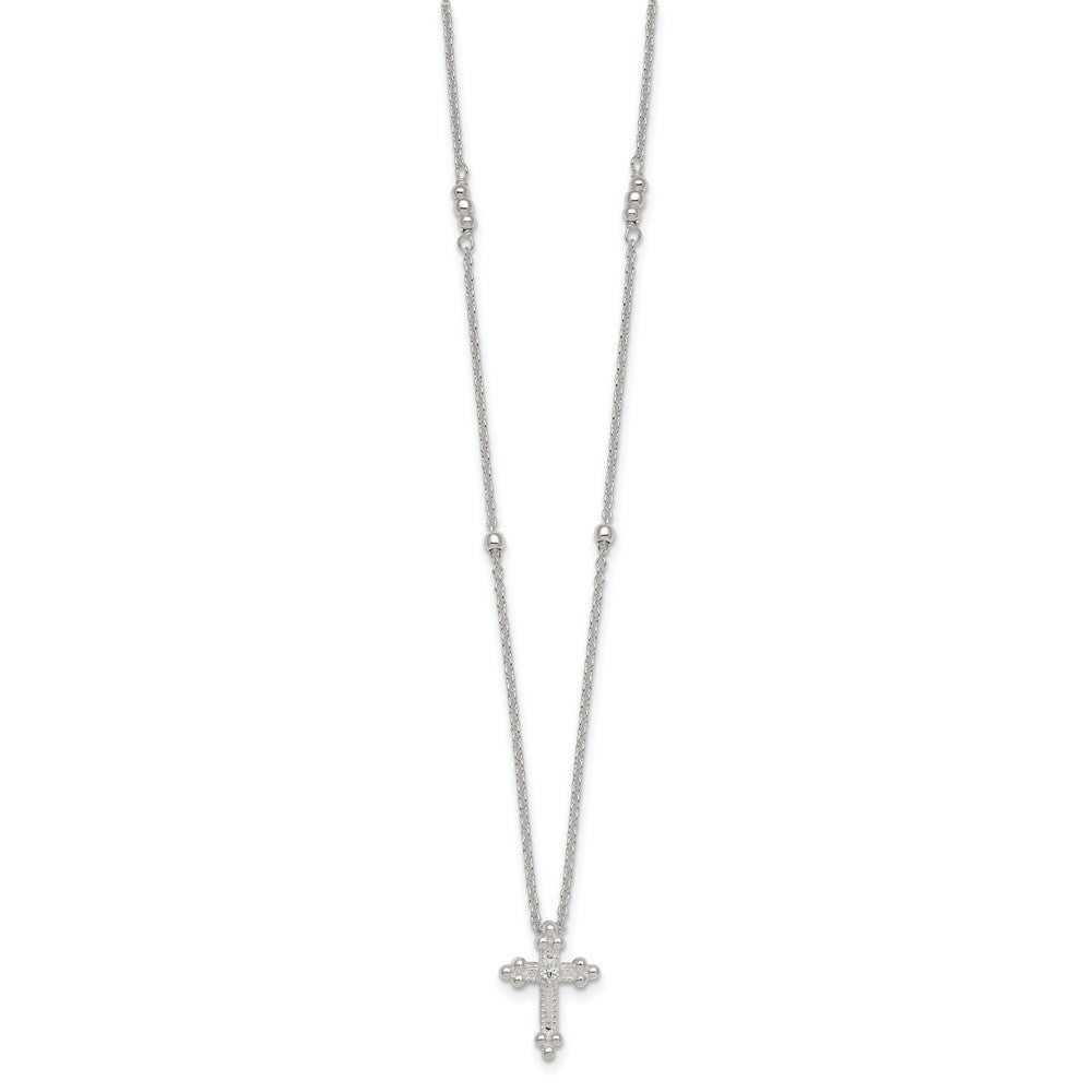 Sterling Silver Polished and Beaded CZ Cross W/ 1in Ext Necklace