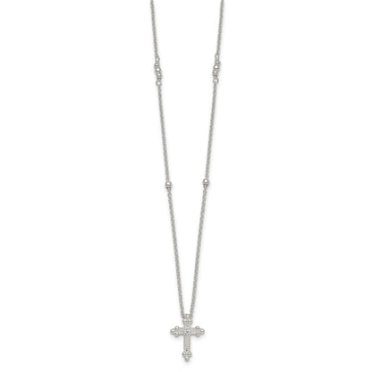 Sterling Silver Polished and Beaded CZ Cross W/ 1in Ext Necklace