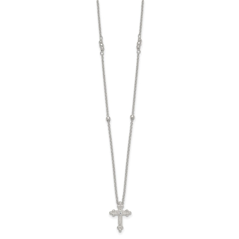 Sterling Silver Polished and Beaded CZ Cross W/ 1in Ext Necklace