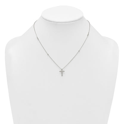 Sterling Silver Polished and Beaded CZ Cross W/ 1in Ext Necklace