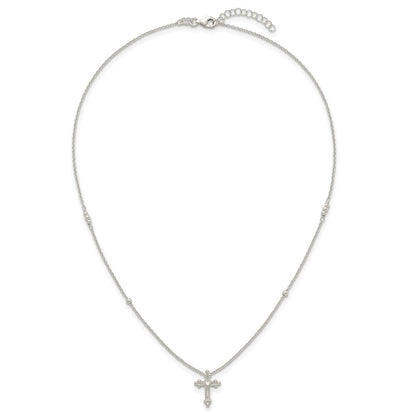 Sterling Silver Polished and Beaded CZ Cross W/ 1in Ext Necklace