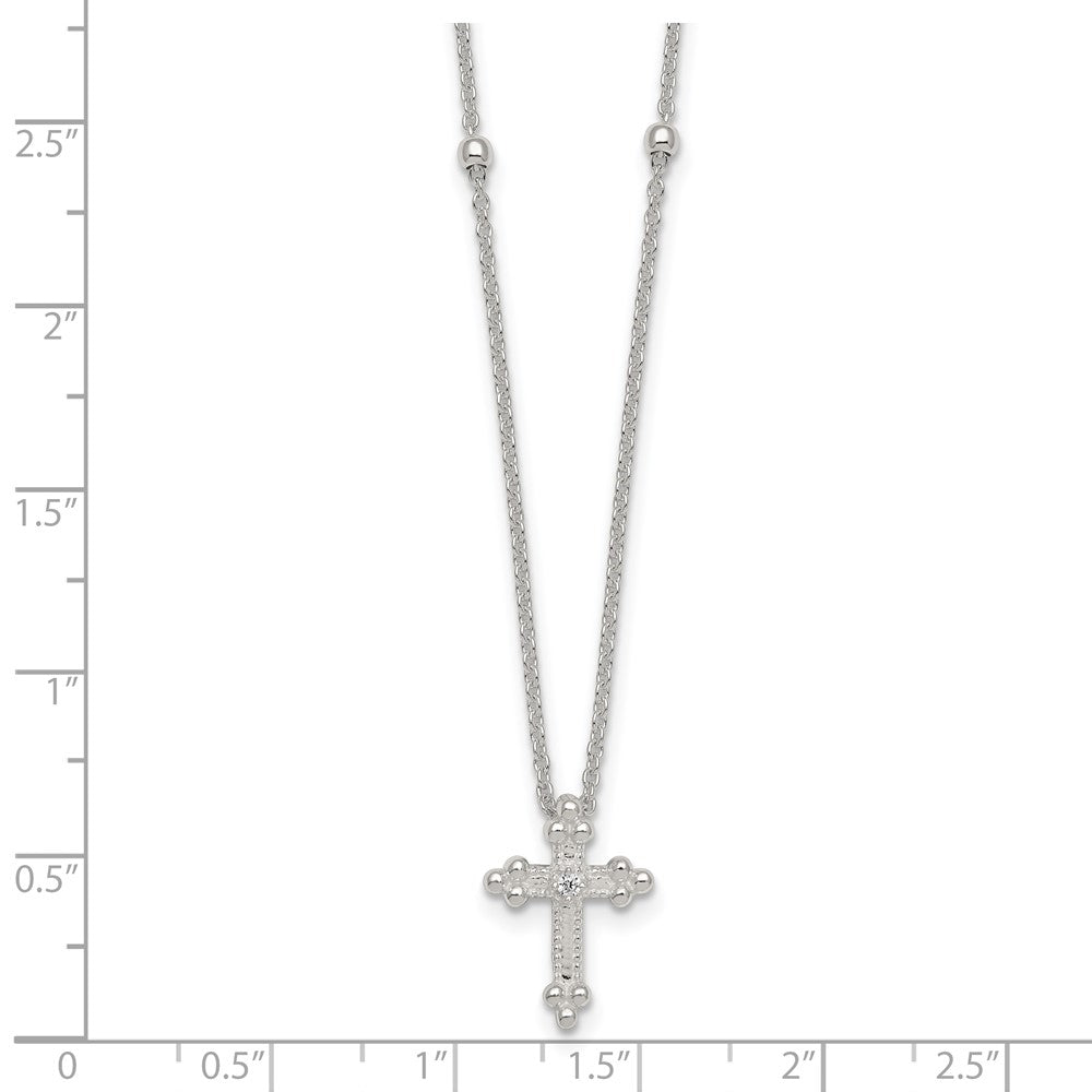 Sterling Silver Polished and Beaded CZ Cross W/ 1in Ext Necklace