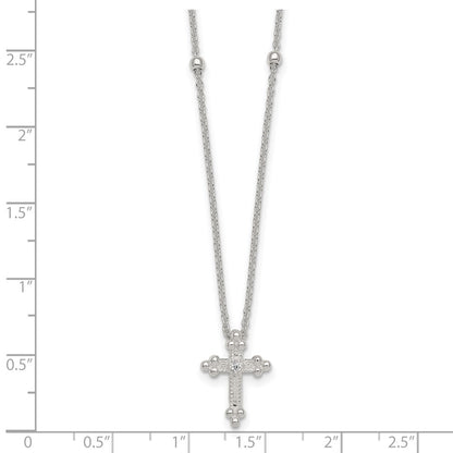 Sterling Silver Polished and Beaded CZ Cross W/ 1in Ext Necklace