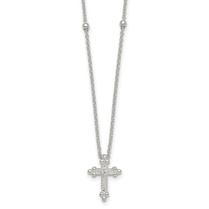 Sterling Silver Polished and Beaded CZ Cross W/ 1in Ext Necklace
