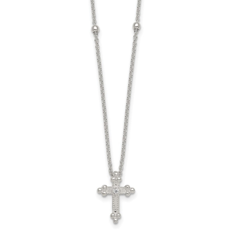 Sterling Silver Polished and Beaded CZ Cross W/ 1in Ext Necklace