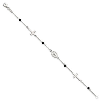 Sterling Silver Black Glass Beads Rosary Themed Bracelet