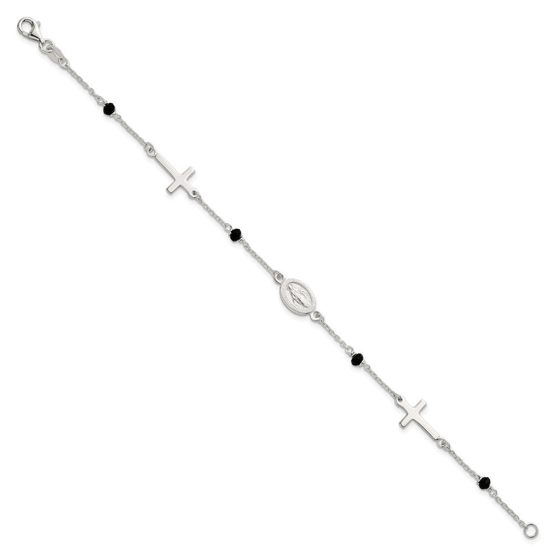 Sterling Silver Black Glass Beads Rosary Themed Bracelet