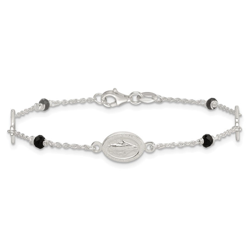 Sterling Silver Black Glass Beads Rosary Themed Bracelet