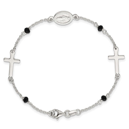 Sterling Silver Black Glass Beads Rosary Themed Bracelet