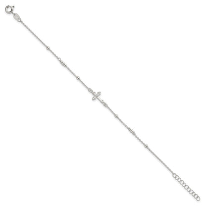 Sterling Silver Polished and Beaded CZ Cross W/ 1in Ext Bracelet