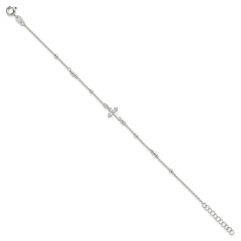 Sterling Silver Polished and Beaded CZ Cross W/ 1in Ext Bracelet
