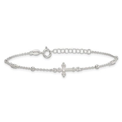 Sterling Silver Polished and Beaded CZ Cross W/ 1in Ext Bracelet