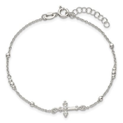 Sterling Silver Polished and Beaded CZ Cross W/ 1in Ext Bracelet