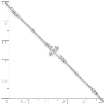 Sterling Silver Polished and Beaded CZ Cross W/ 1in Ext Bracelet