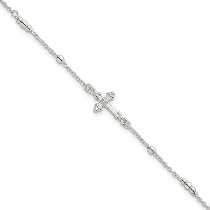 Sterling Silver Polished and Beaded CZ Cross W/ 1in Ext Bracelet
