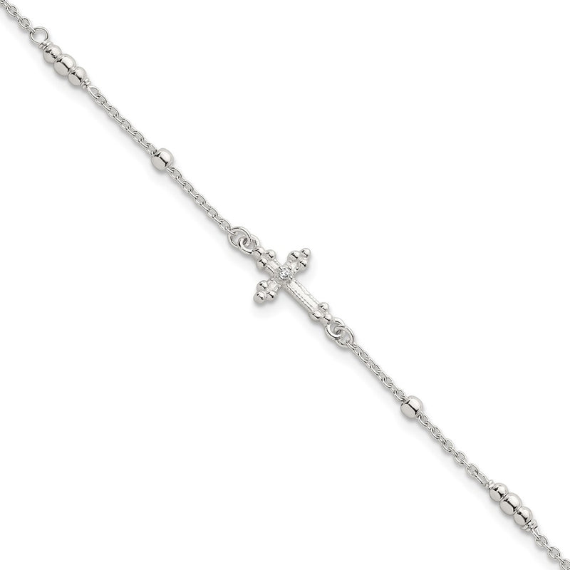Sterling Silver Polished and Beaded CZ Cross W/ 1in Ext Bracelet