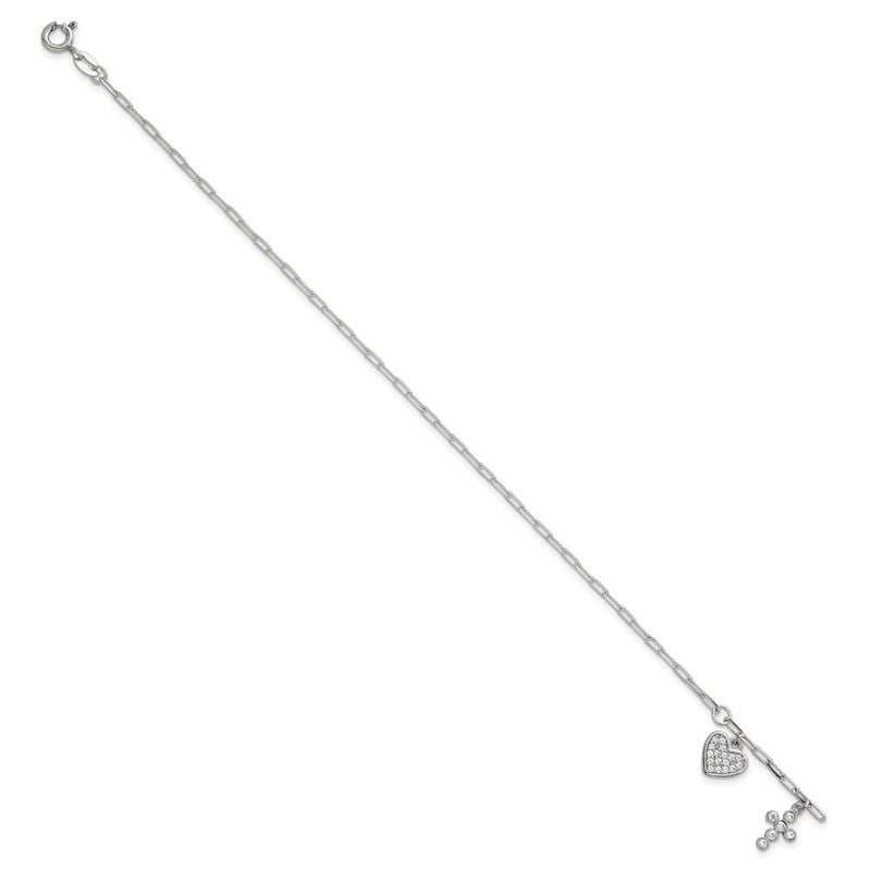 Sterling Silver Polished CZ Heart and Cross Charm W/ 1in Ext Bracelet