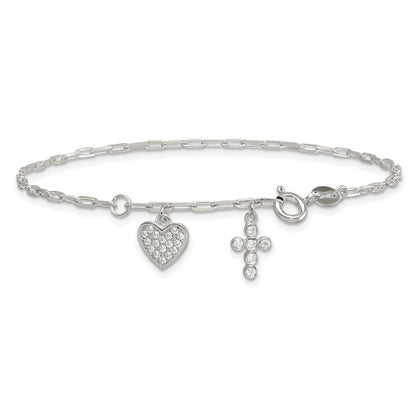 Sterling Silver Polished CZ Heart and Cross Charm W/ 1in Ext Bracelet