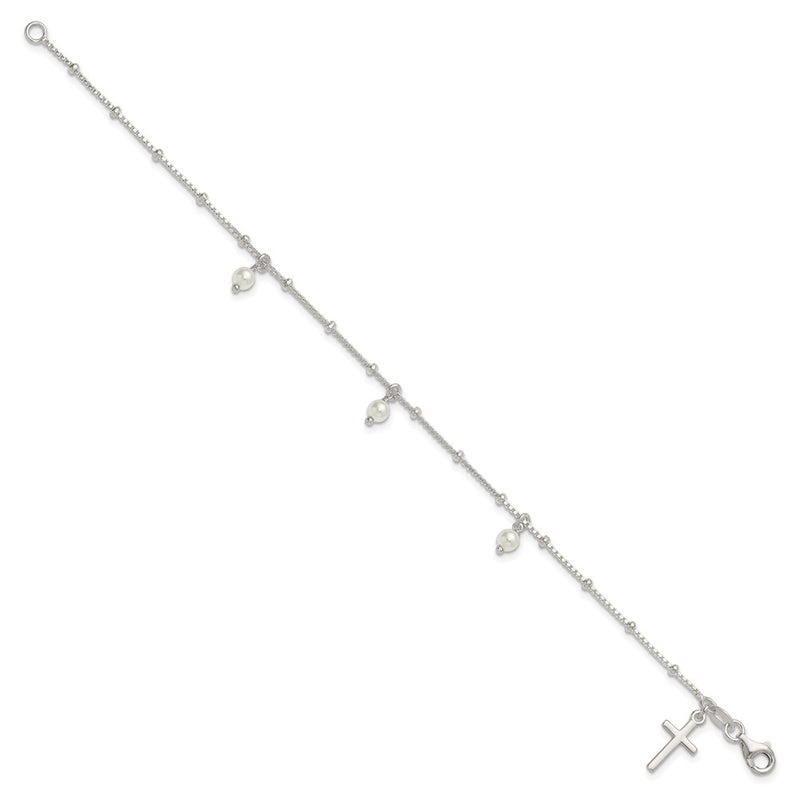 Sterling Silver Polished and Beaded Glass Pearl and Cross Bracelet