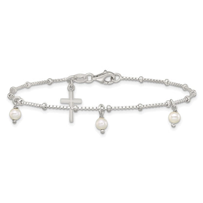 Sterling Silver Polished and Beaded Glass Pearl and Cross Bracelet