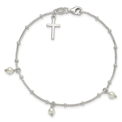 Sterling Silver Polished and Beaded Glass Pearl and Cross Bracelet